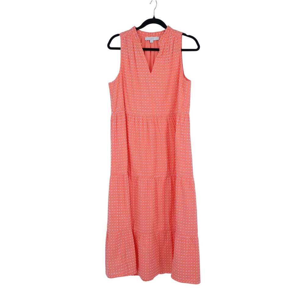 LOFT Clip Dot Tiered Midi Dress Coral Swiss Dot Sleeveless Women's M
